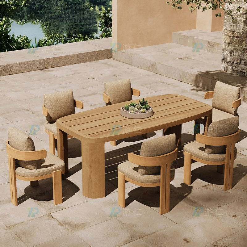 度假村民宿户外柚木桌椅北欧实木长餐桌茶几组合露天别墅阳台家具