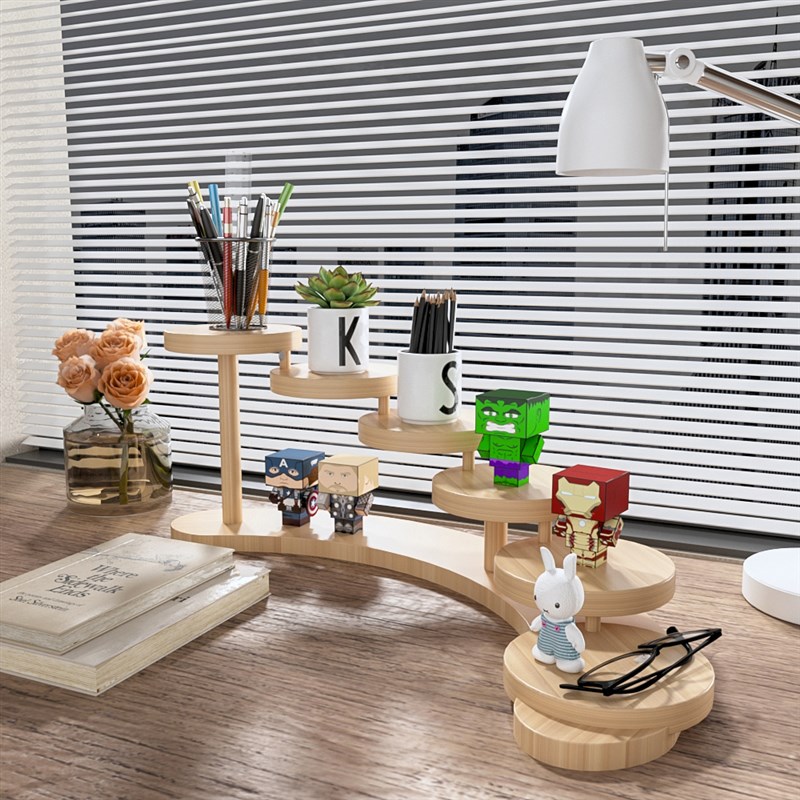 圆形展示架桌面手办化q妆品香水多层收纳架木质置物架多肉陈列架