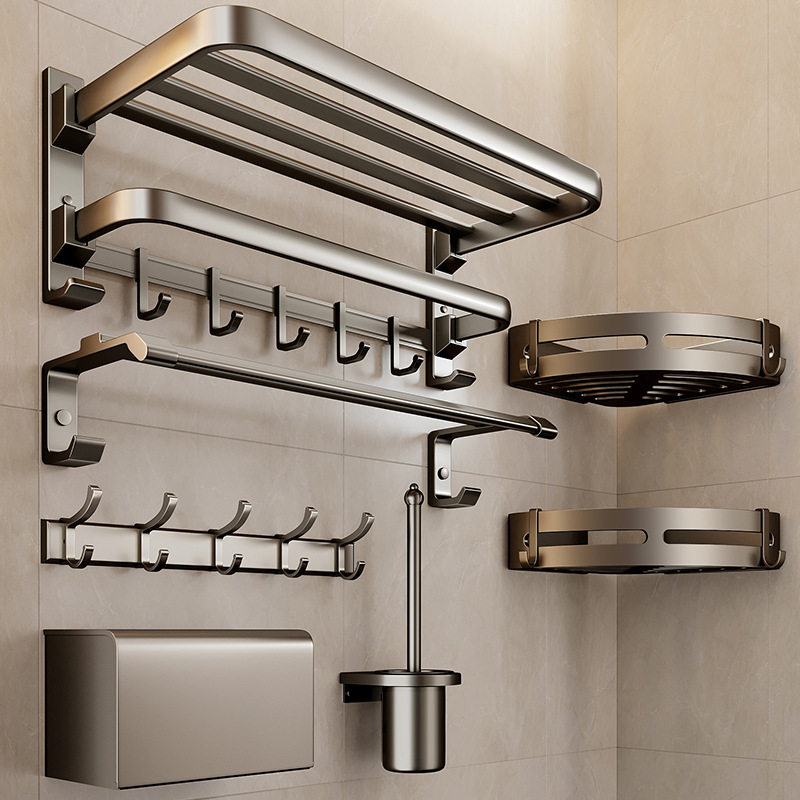 枪灰毛巾架免打孔卫生间浴巾架壁挂浴室L置物架子太空铝五金挂件,厨房/烹饪用具,厨房清洁/工具套装,淘宝优惠券,粉丝福利购,淘宝优惠卷