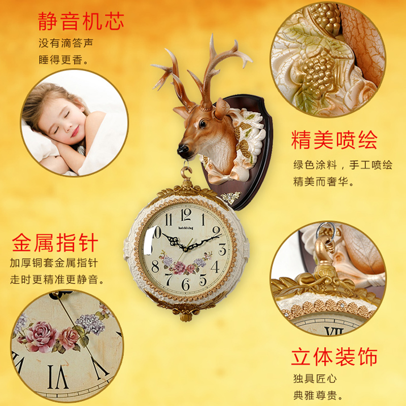 个性鹿头装饰壁挂时尚静音挂表美式家用J双面挂钟客厅钟表欧式创