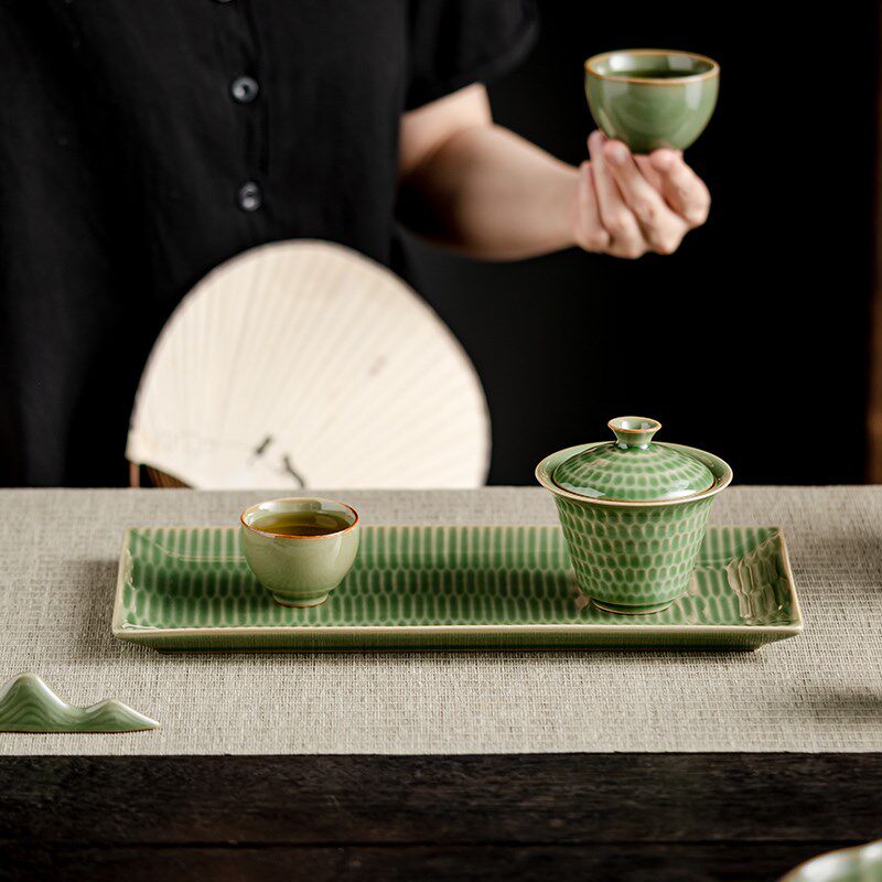 青瓷竹绿釉树纹i小茶盘陶瓷茶具托盘茶台茶海长方形简约家用干泡