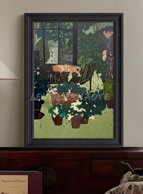 客厅卧室装饰画高j级感绿色场景猫咪动物法式手绘油画玄关中古挂