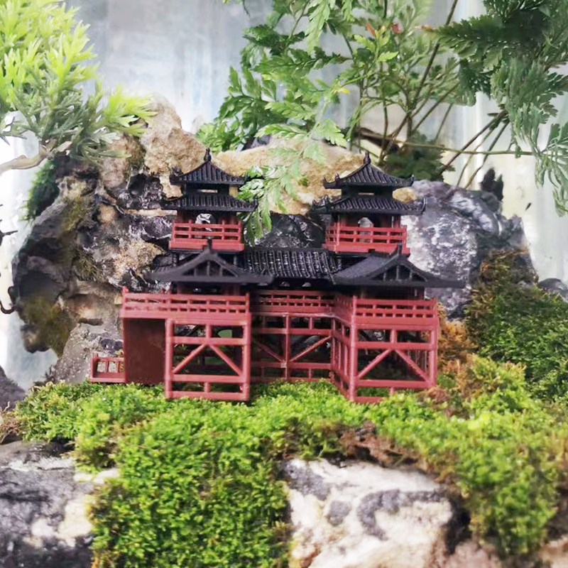 中式双子楼阁f悬空寺古建筑假山造景小摆件水陆鱼缸鱼池盆景微景