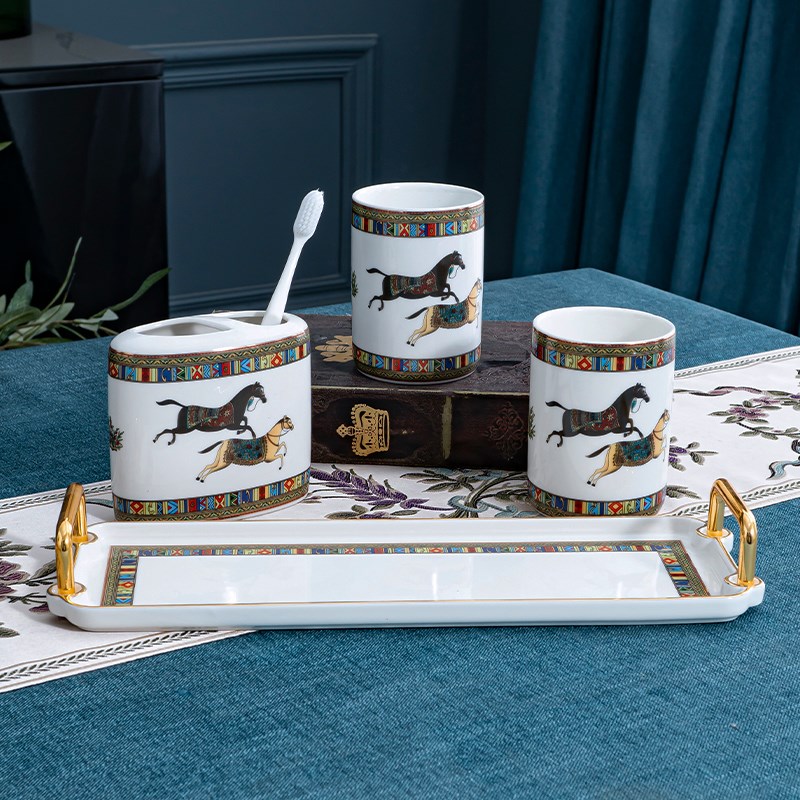 欧式陶瓷洗e漱四件套创意家用浴室用品托盘牙刷架漱口杯乳液瓶套