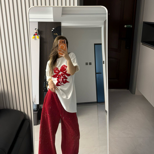 裤子女士红色满天星高级感百搭休闲裤2026新款宽松显瘦个性长裤