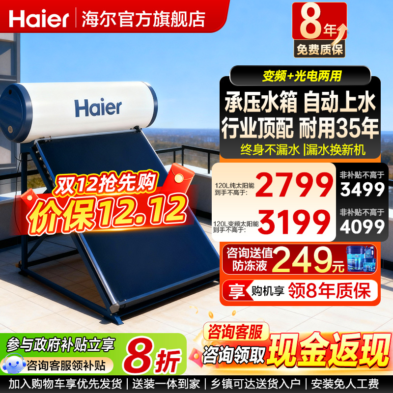 海尔新型太阳能150L热水器变频电加热一体家用平板式农村自建房PD