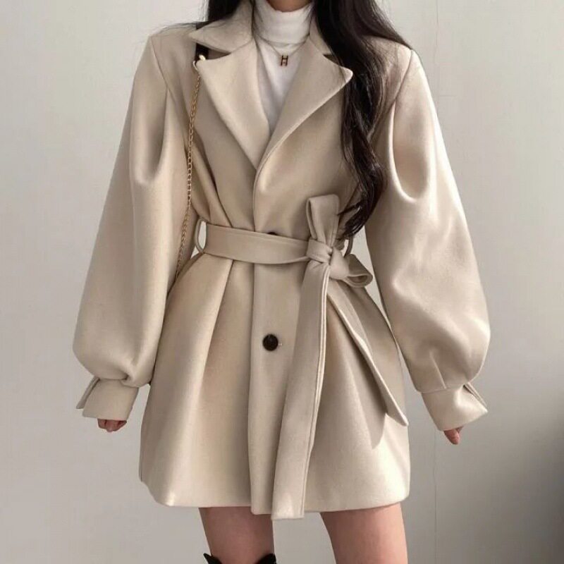 新款韩版Chic秋冬宽松风大衣女呢子西装领中长款小个子毛呢外套