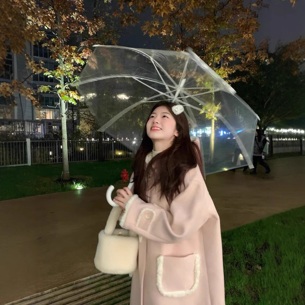 粉色牛角扣毛呢子外套女秋冬季2025新款中长款慵懒风连帽加厚大衣