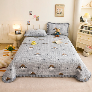 梦涌牛奶绒夹棉床盖毯花边床单款小清新加厚保暖铺盖卡通夹棉床单