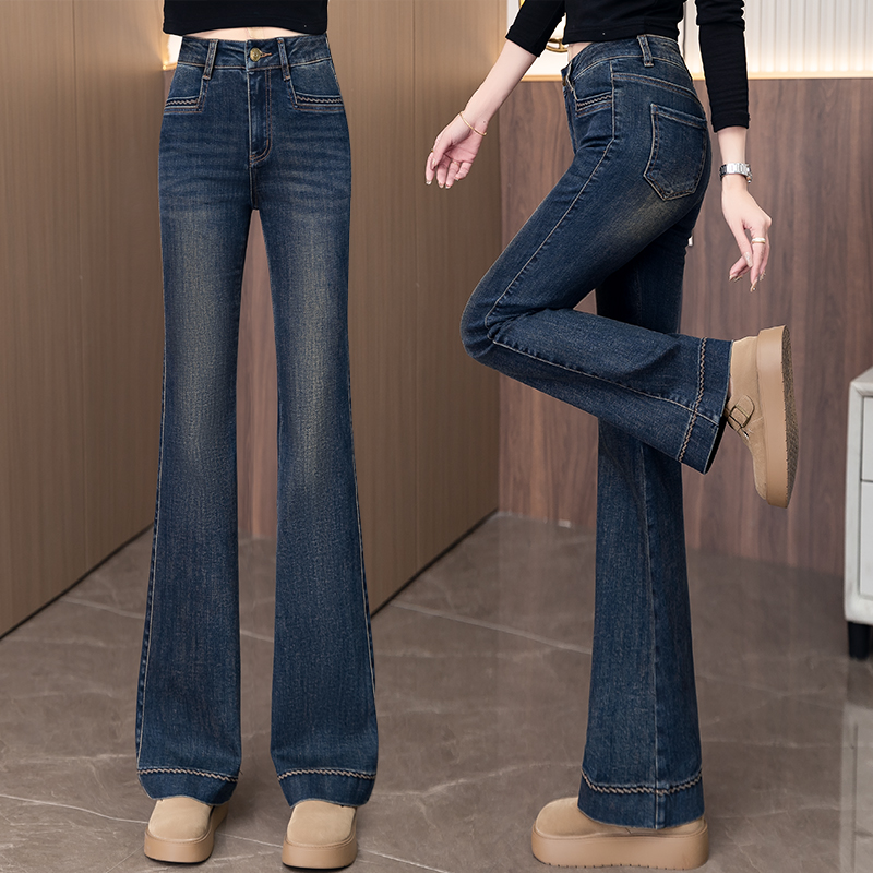 复古蓝微喇牛仔裤女2025秋冬季超火高腰显瘦小个子不贴腿喇叭裤子