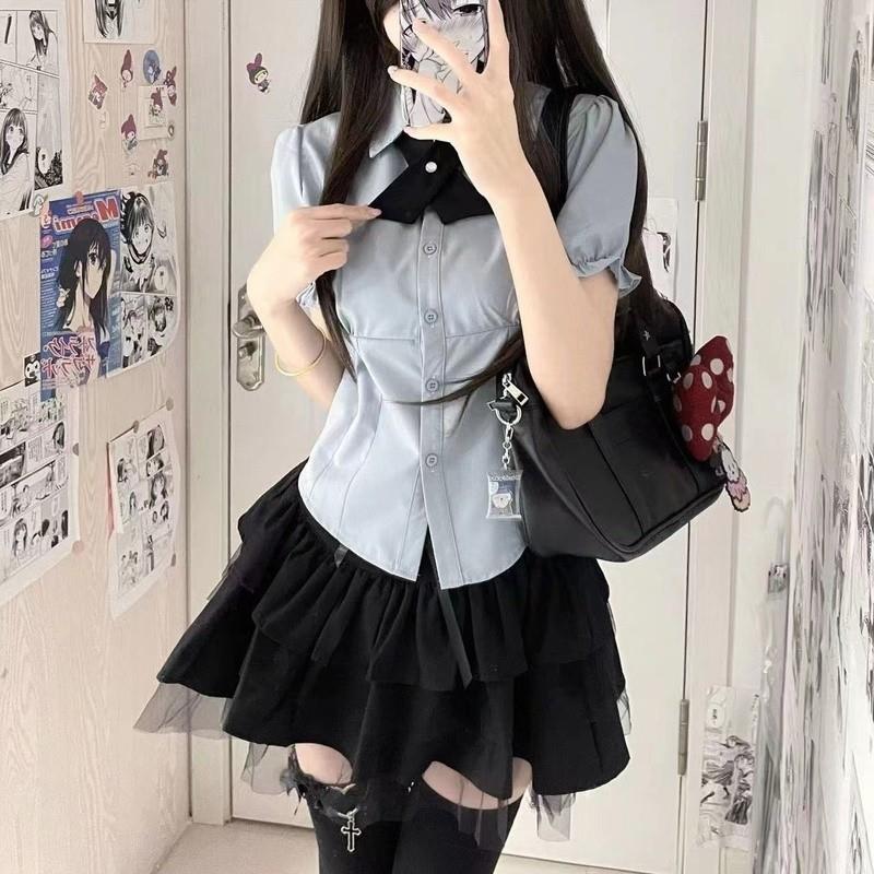 中大女童装日系学院风jk制服短袖衬衫收腰蓬蓬蛋糕短裙子两件套装