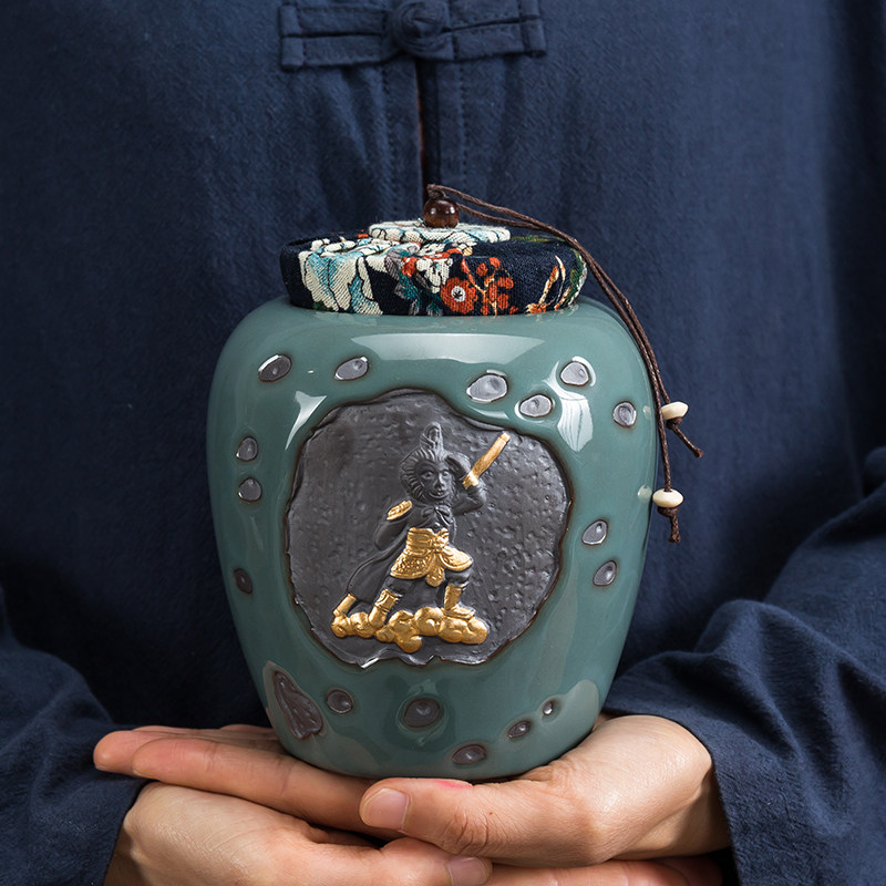 哥窑茶叶罐陶瓷密封n罐大号粗陶存储罐普洱茶大码装茶叶罐茶仓家