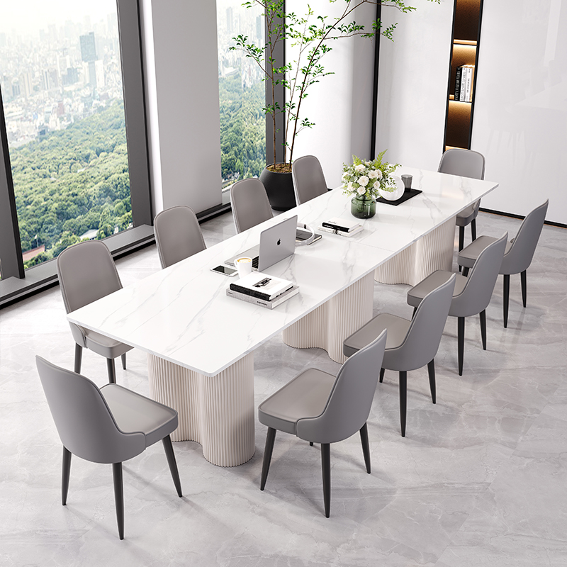 奶油风岩板长桌6-10人办公w会议桌工作台商务美容院会客接待洽谈