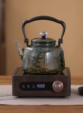 新款电陶炉大功率煮茶p器胡桃木外壳耐高温玻璃蒸煮茶壶茶具套装