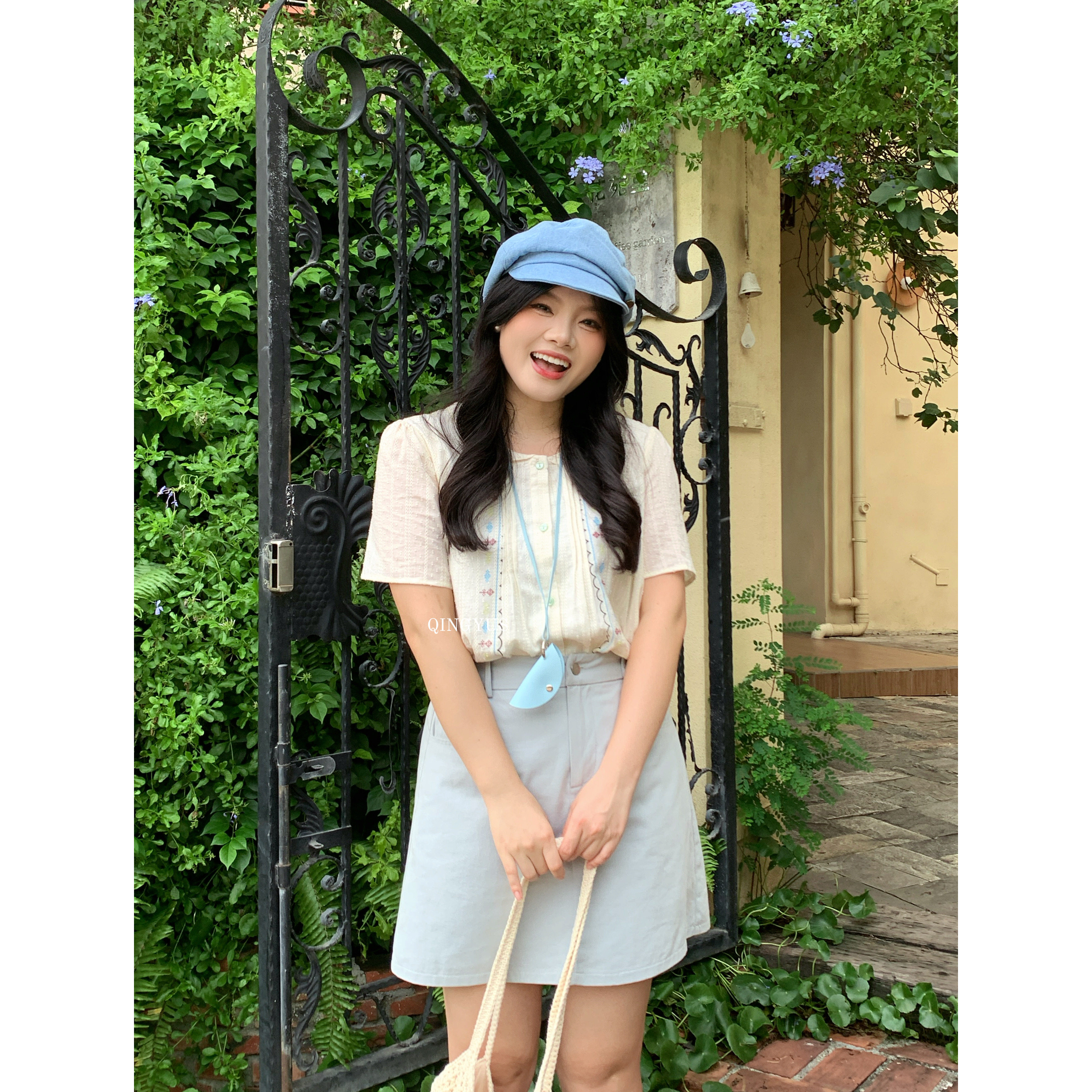 青屿衫韩系甜美重工刺绣荷叶边衬衫气质百搭减龄显瘦上衣大码女夏