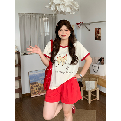 青屿衫「逐梦小马」微胖大码韩系减龄小马印花oversize正肩T恤女