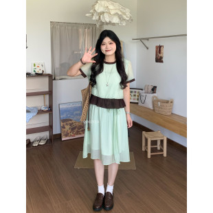 青屿衫「塞纳情书」微胖大码清新甜美假两件波点撞色衬衫半裙套装