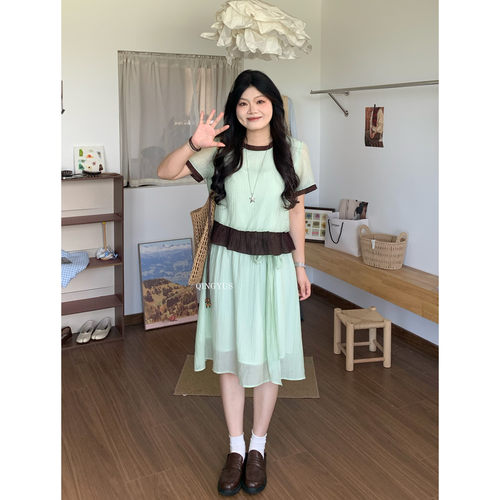 青屿衫「塞纳情书」微胖大码清新甜美假两件波点撞色衬衫半裙套装