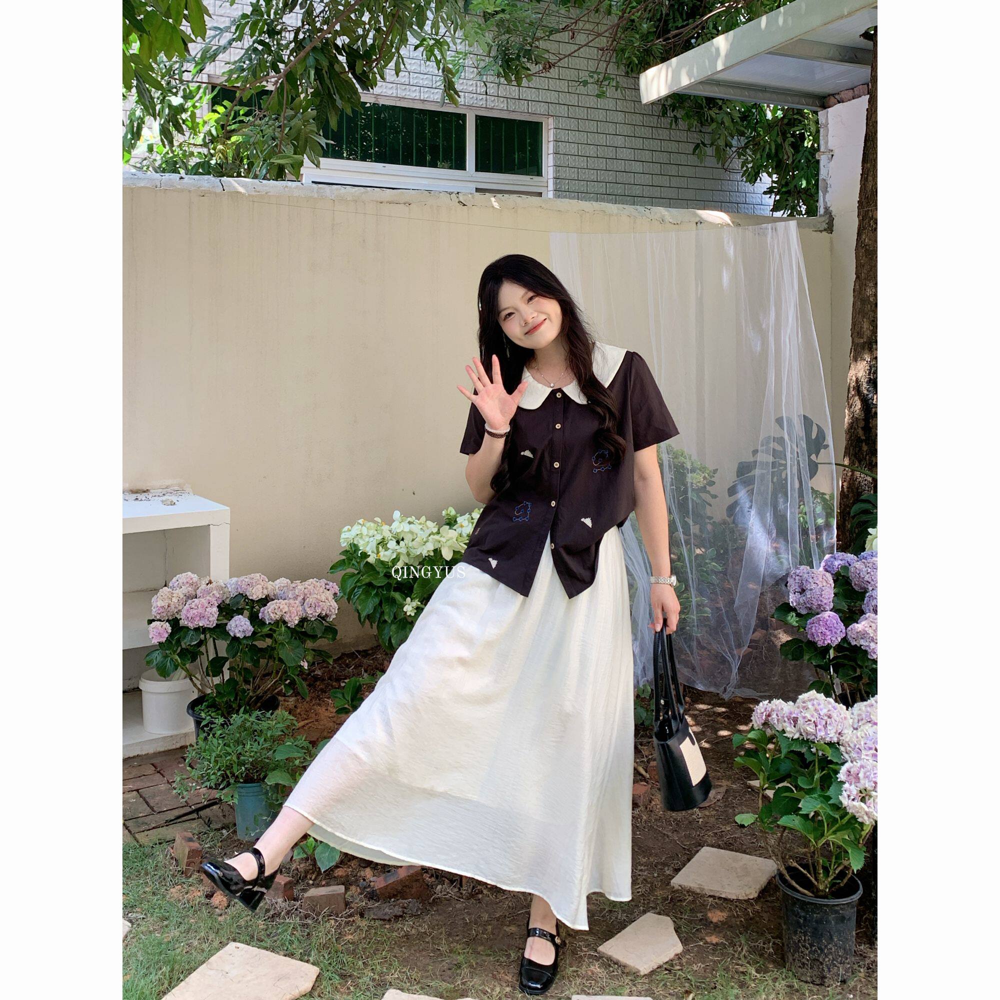 青屿衫「黑糖玛奇朵」微胖大码韩系减龄撞色娃娃领刺绣正肩衬衫女