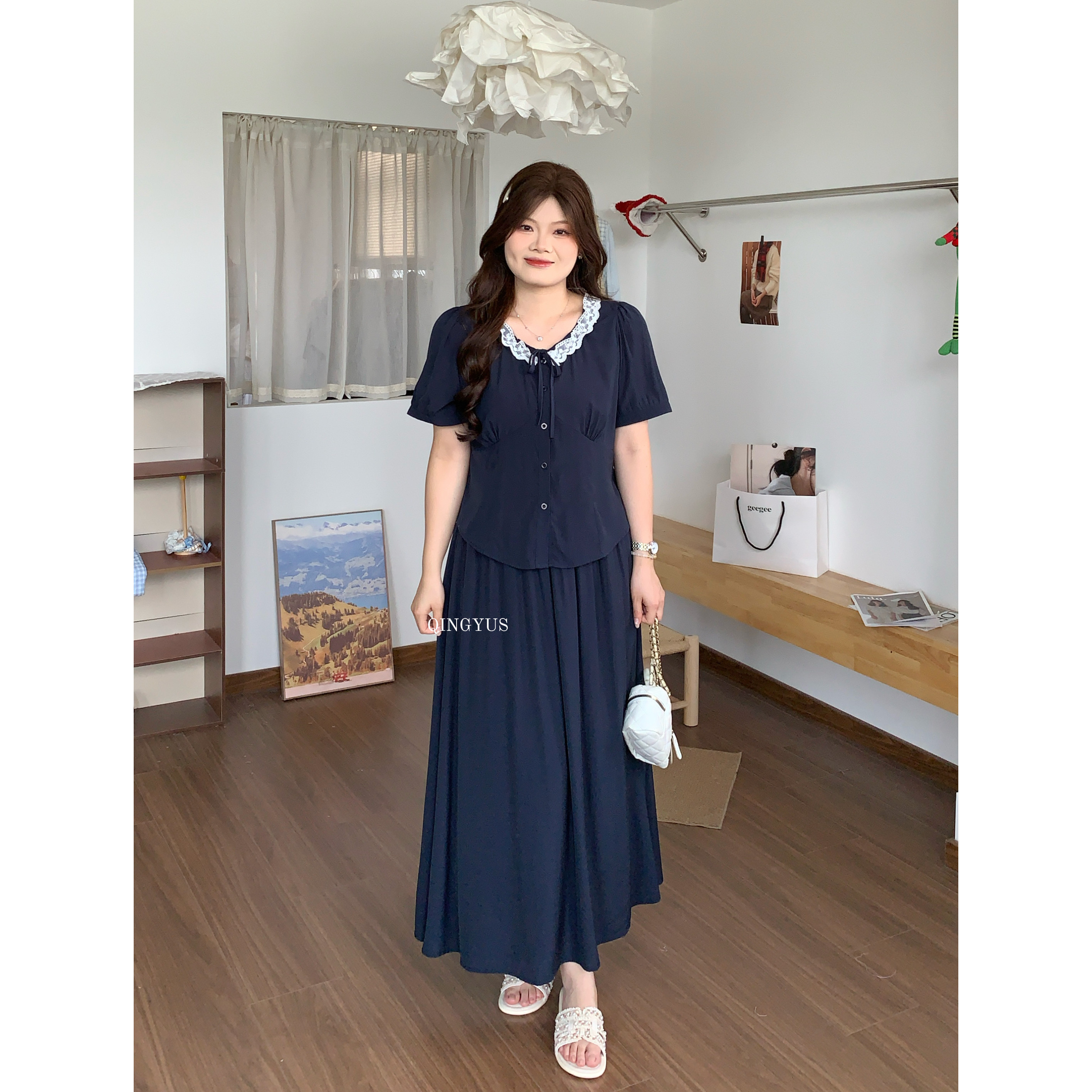 青屿衫-微胖夏季大码韩系温柔风V领蕾丝收腰衬衫+高腰半身裙套装