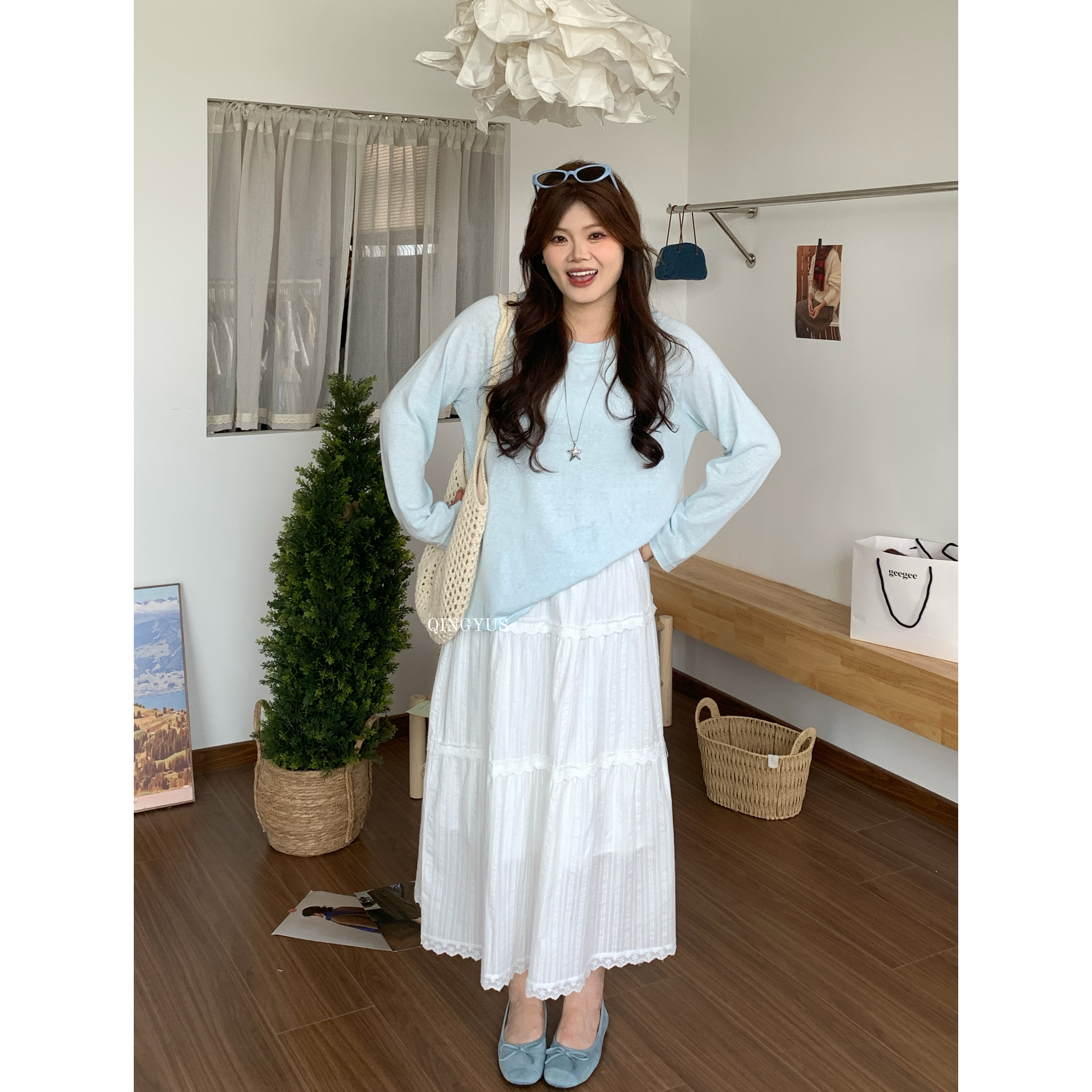 青屿衫-微胖显瘦春夏大码女韩系简约百搭软糯防晒纯色正肩长袖T恤