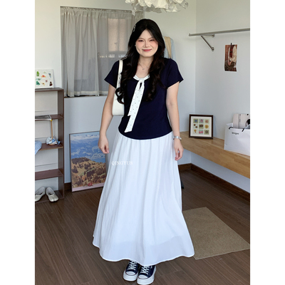 青屿衫-微胖夏季大码韩系气质减龄波点飘带假两件掐腰显瘦正肩T恤