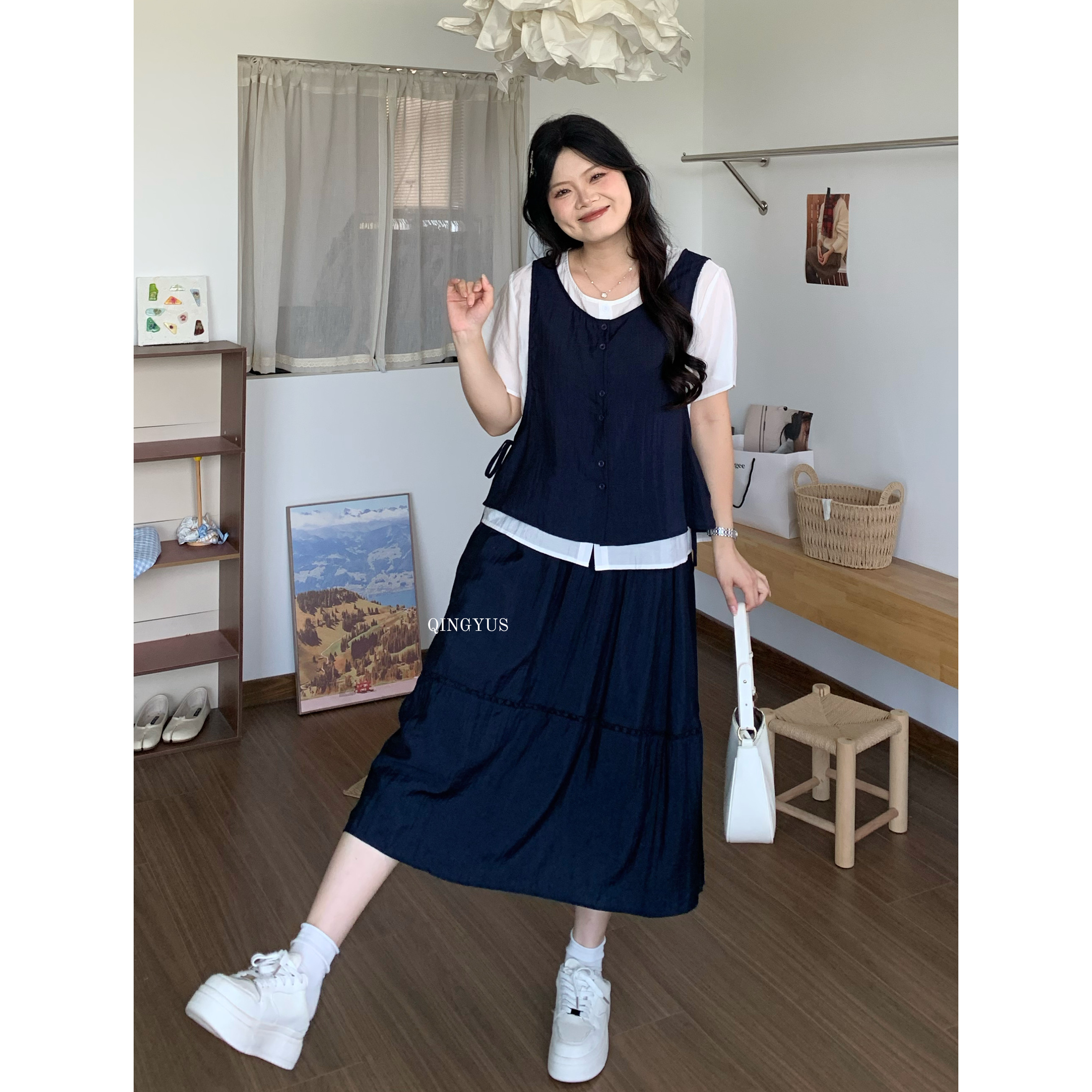 青屿衫-微胖夏季大码韩系气质设计感撞色假两件衬衫半身裙两件套