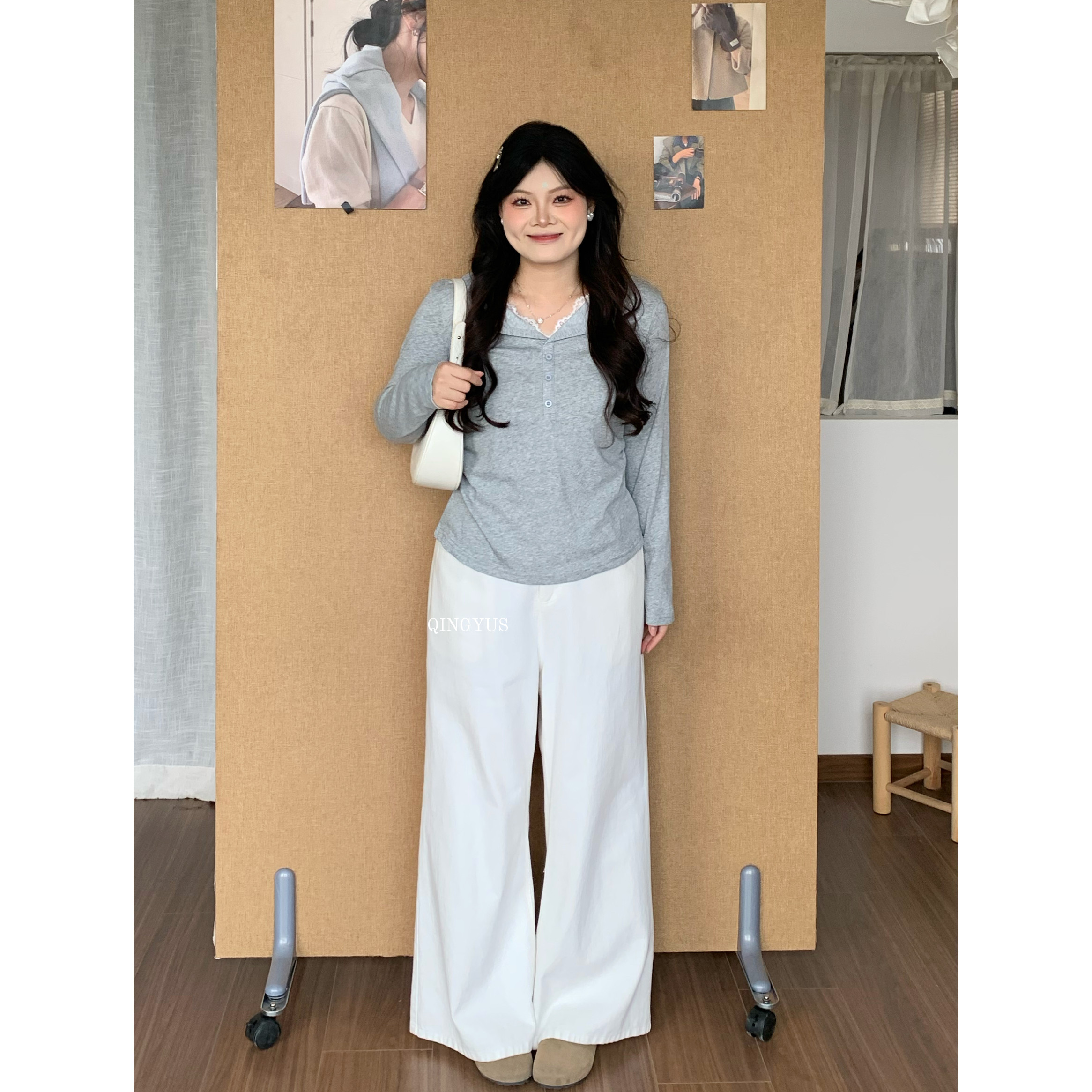 青屿衫-微胖大码早秋韩系蕾丝边V领掐腰显瘦内搭打底正肩长袖T恤