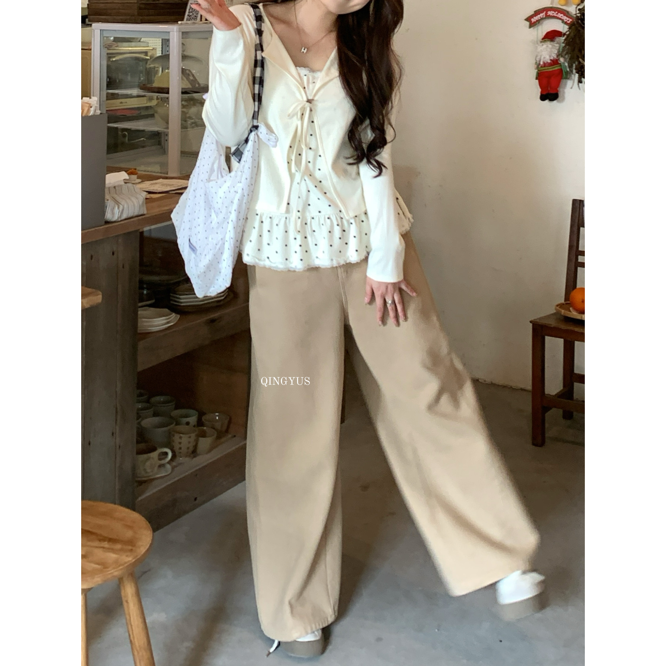 青屿衫-微胖大码春秋美式复古卡其色高腰加厚直筒休闲牛仔阔腿裤