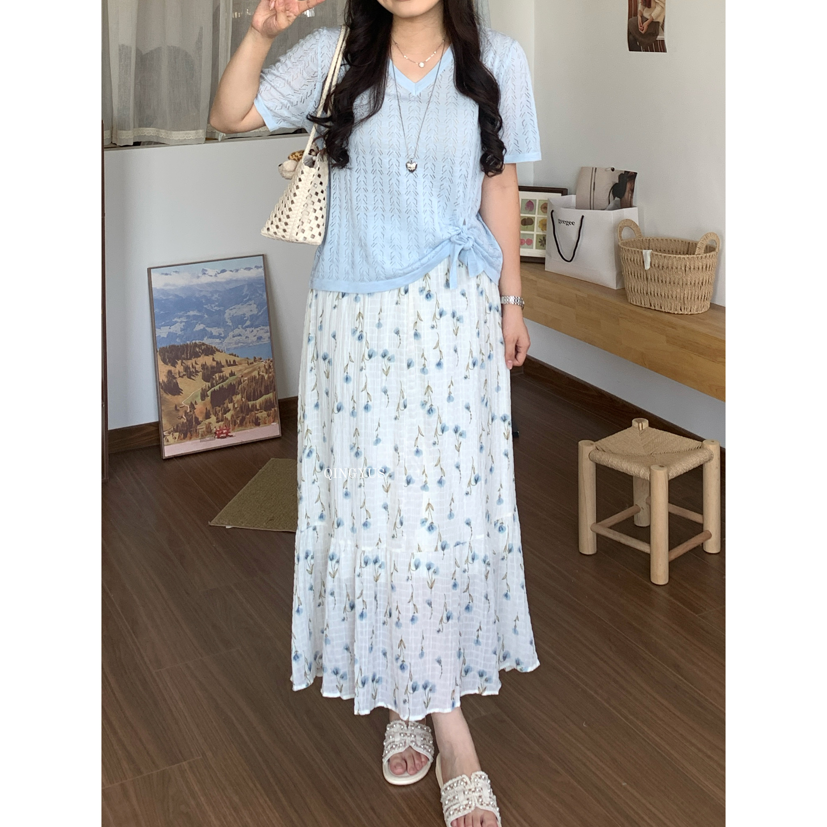 青屿衫-微胖夏季大码韩系田园风减龄碎花半身裙松紧腰A字中长裙子