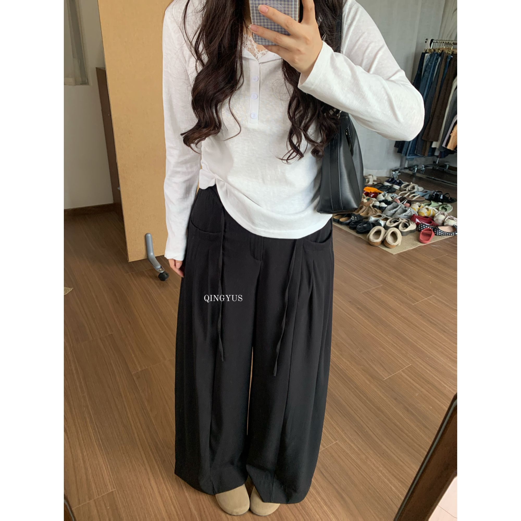 青屿衫-微胖秋季大码高腰显瘦垂感拖地宽松西装休闲阔腿弯刀裤子