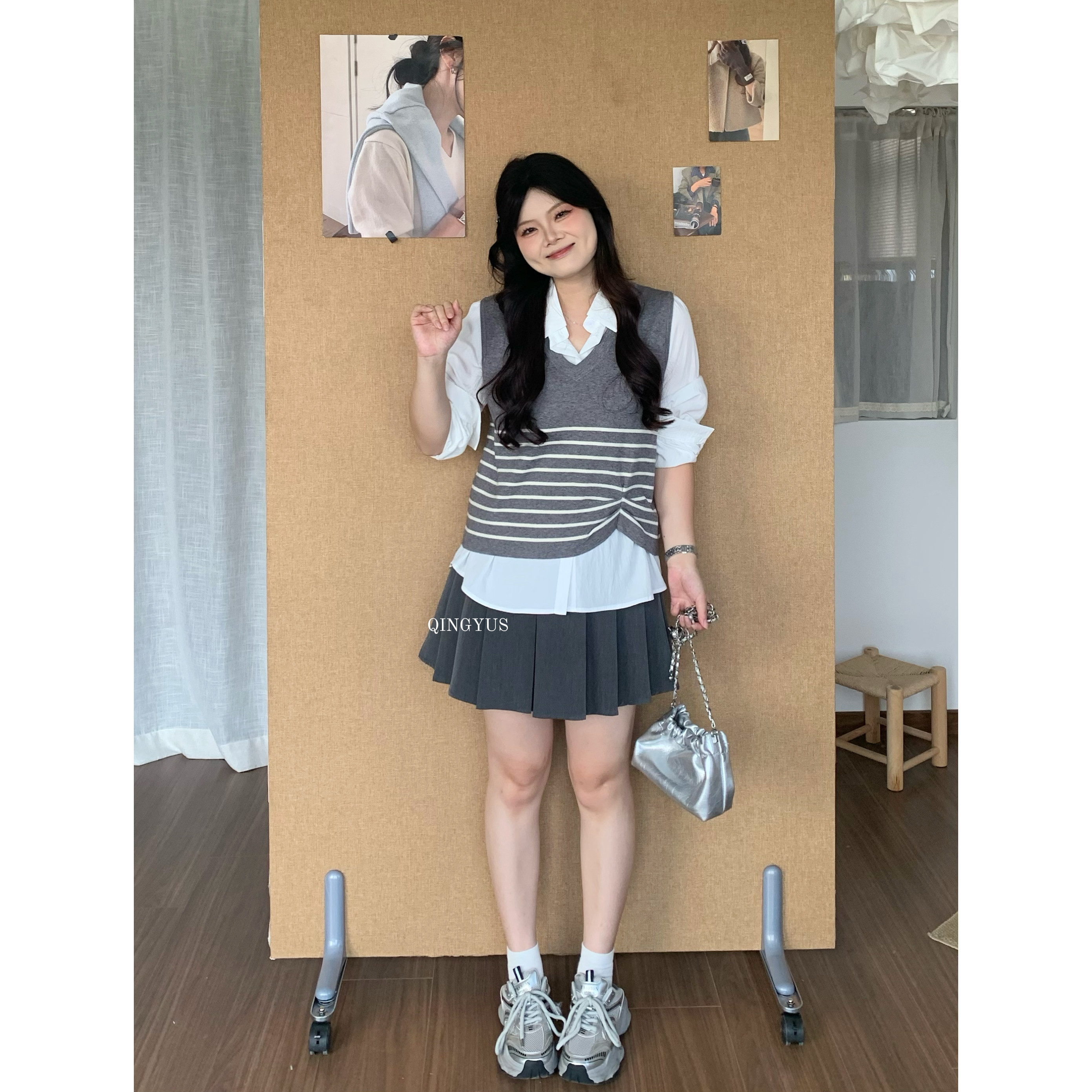 青屿衫-微胖大码秋季韩系学院风减龄条纹针织马甲长袖衬衫两件套