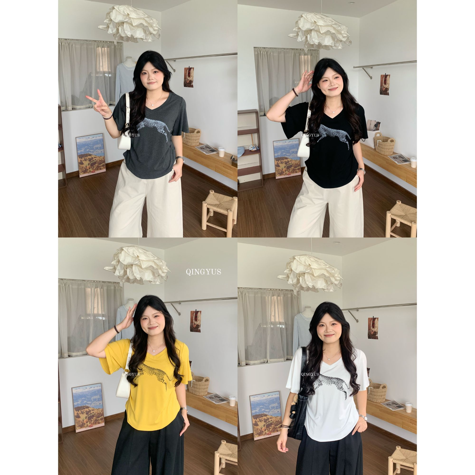青屿衫-微胖夏季大码美式复古豹子印花V领褶皱收腰正肩短袖T恤女