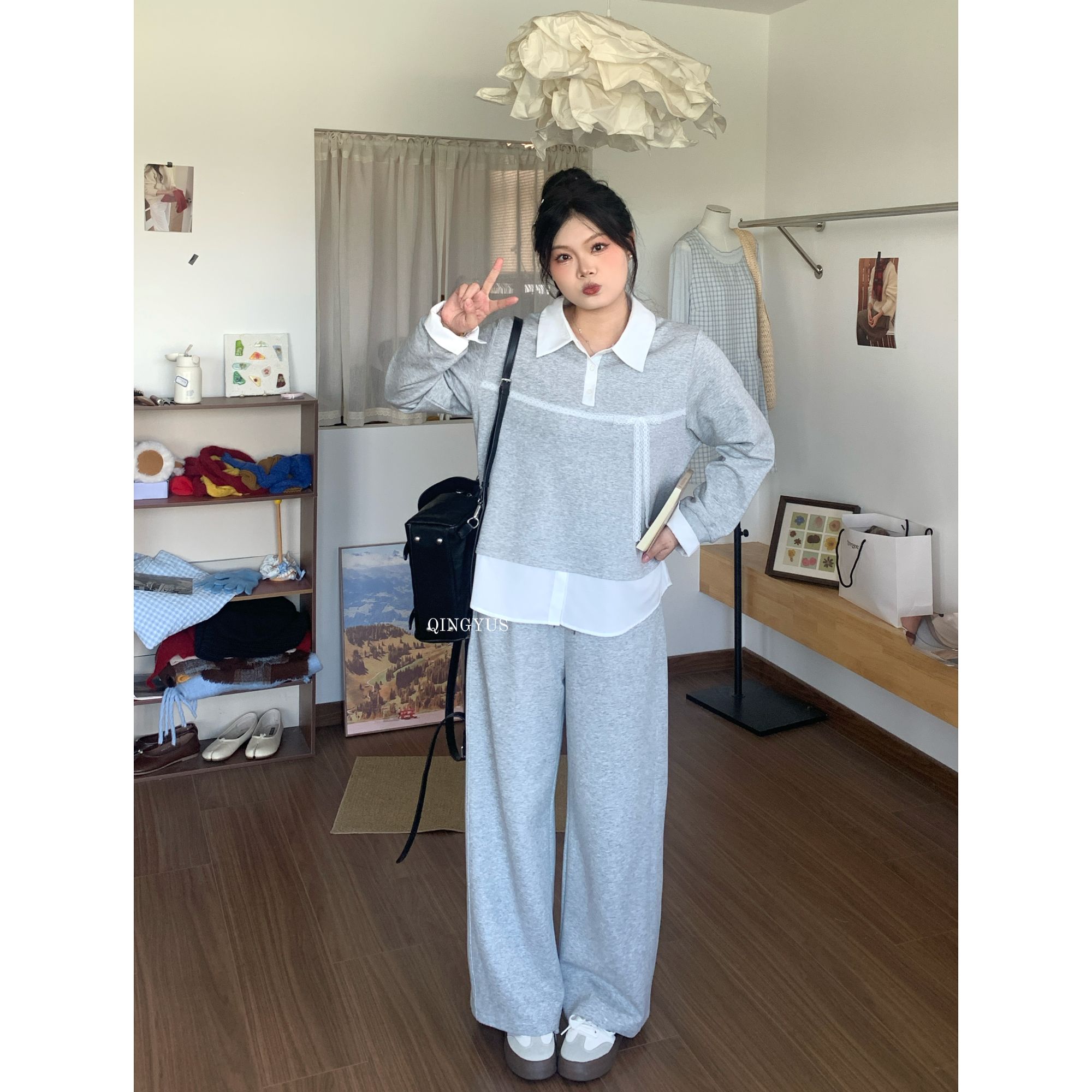 青屿衫「灰调时刻」微胖大码初秋慵懒风撞色假两件卫衣裤子两件套