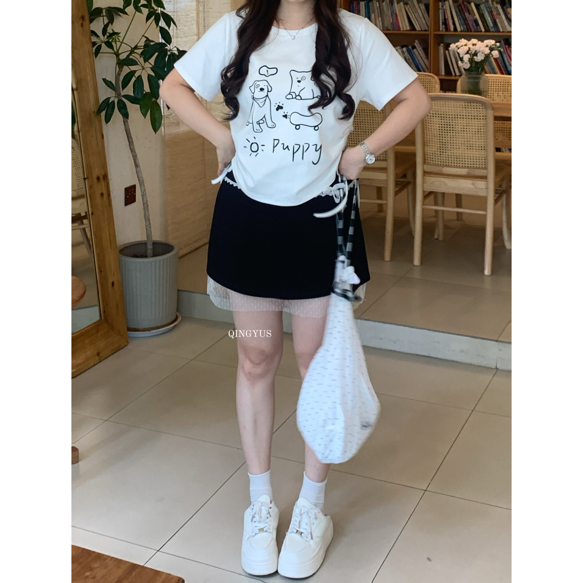 青屿衫-微胖夏季大码韩系甜美蕾丝拼接高腰显瘦短裙A字半身裤裙子