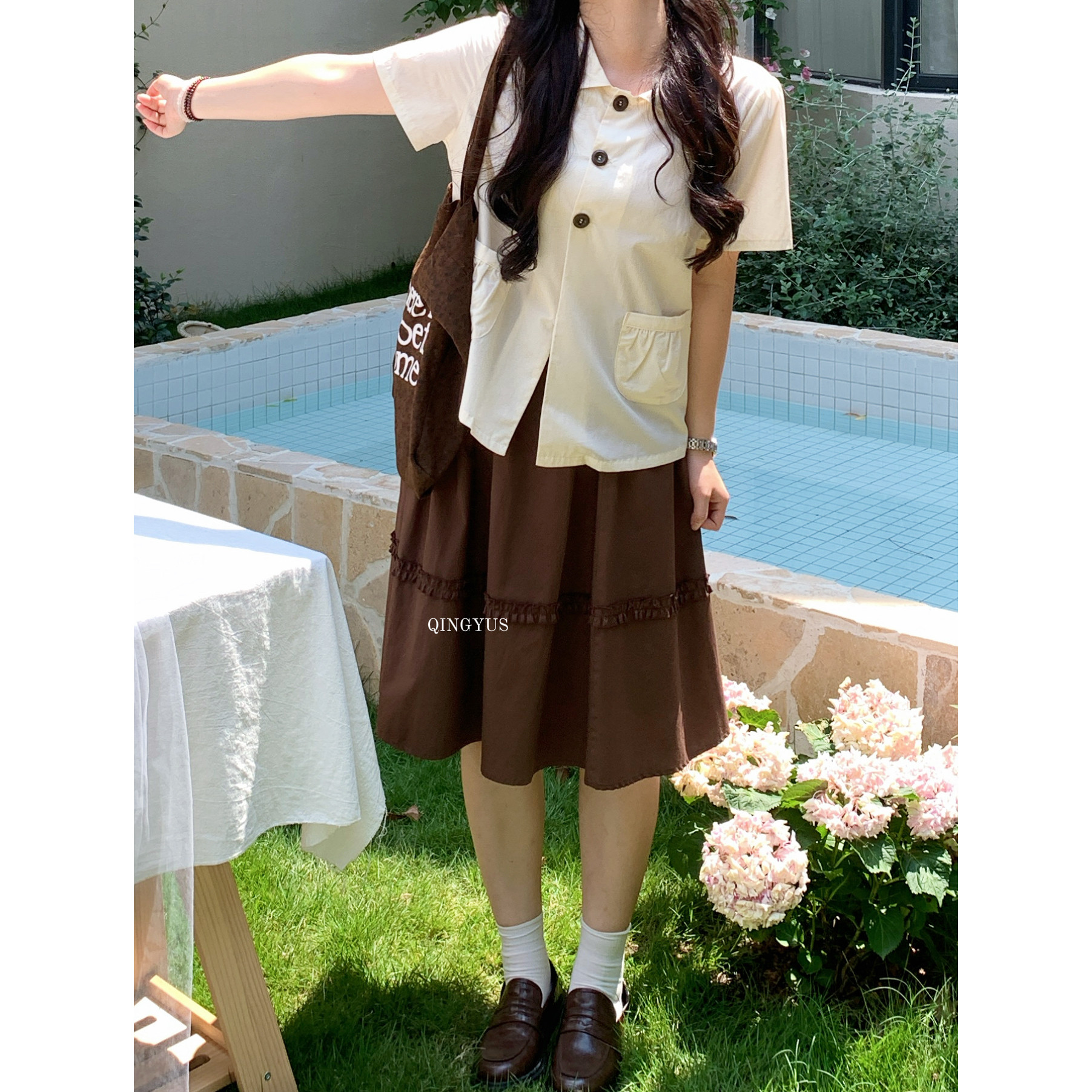 韩系复古木耳边百搭显瘦半身裙女