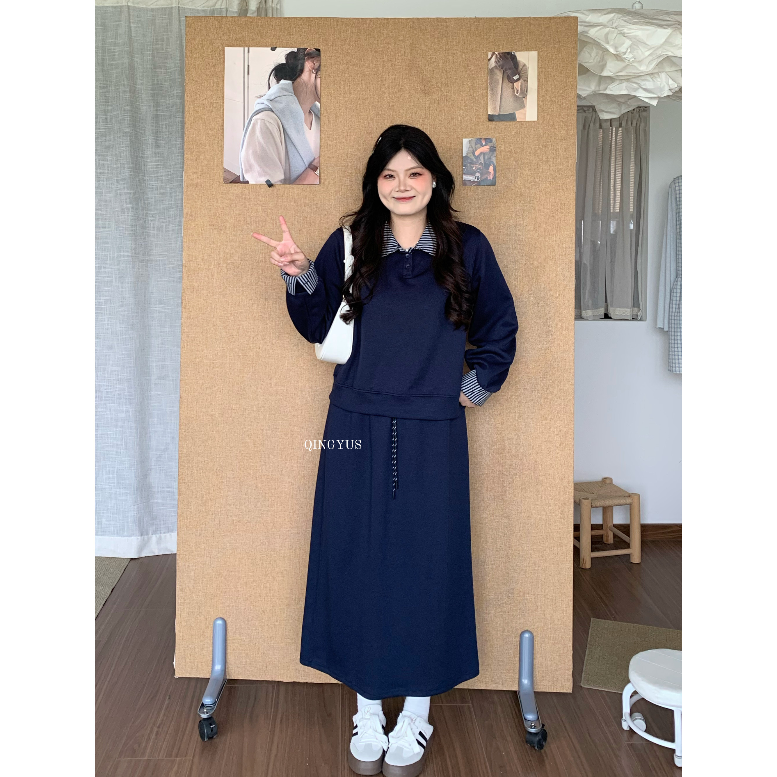 青屿衫-微胖大码秋季韩系复古学院风翻领休闲卫衣半身裙两件套装