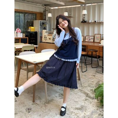 青屿衫-微胖早秋大码韩系设计感撞色木耳边假两件正肩长袖针织衫