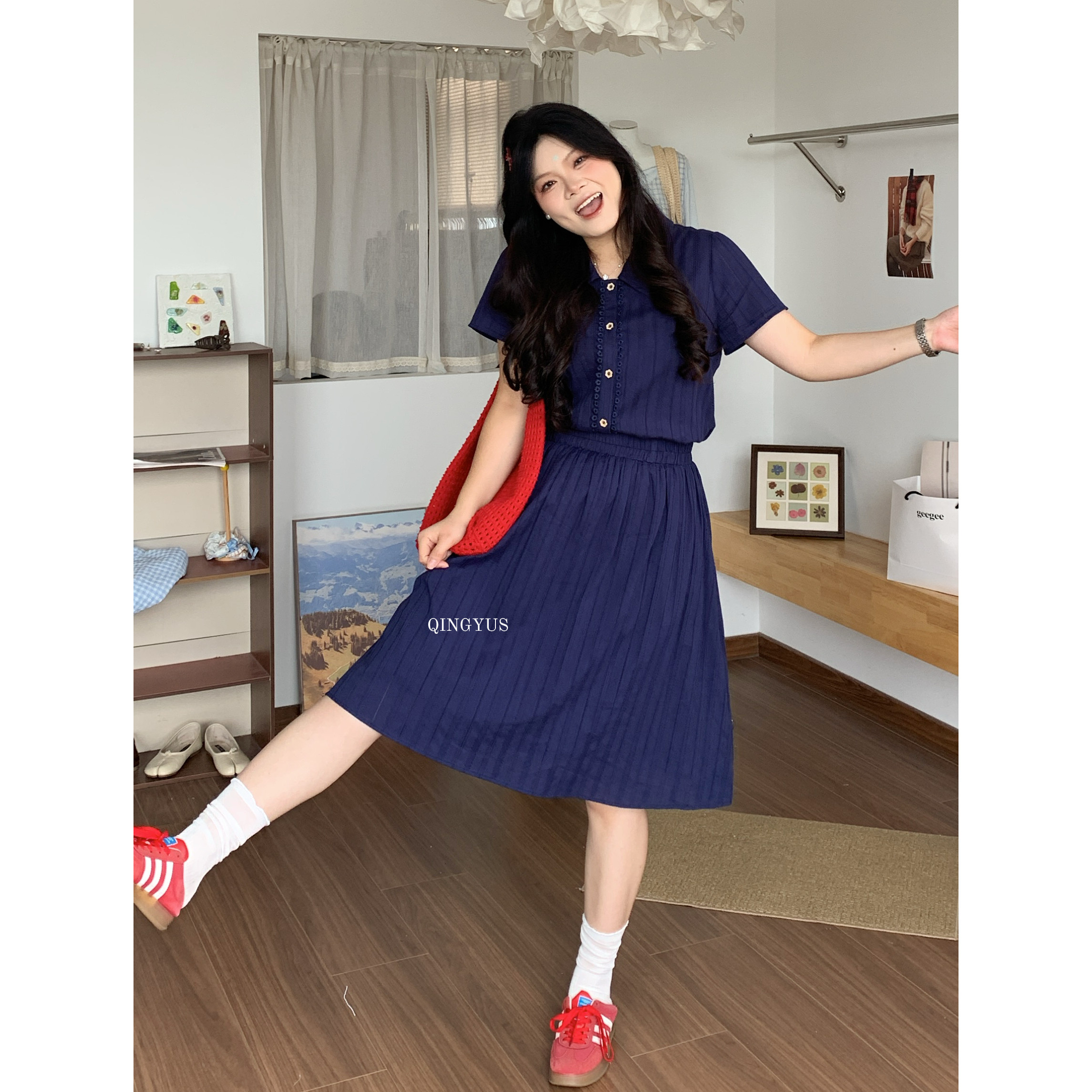 青屿衫「清雅少女」微胖大码韩系学院风翻领提花衬衫半身裙两件套