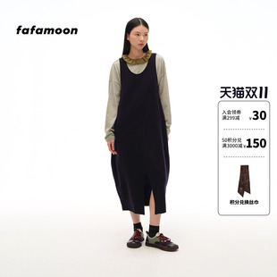 fafamoon设计师品牌秋冬女士无袖前开衩针织背心连衣裙