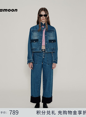 【明星同款】fafamoon翻边直筒阔腿翻边牛仔裤时尚宽松牛仔长裤女