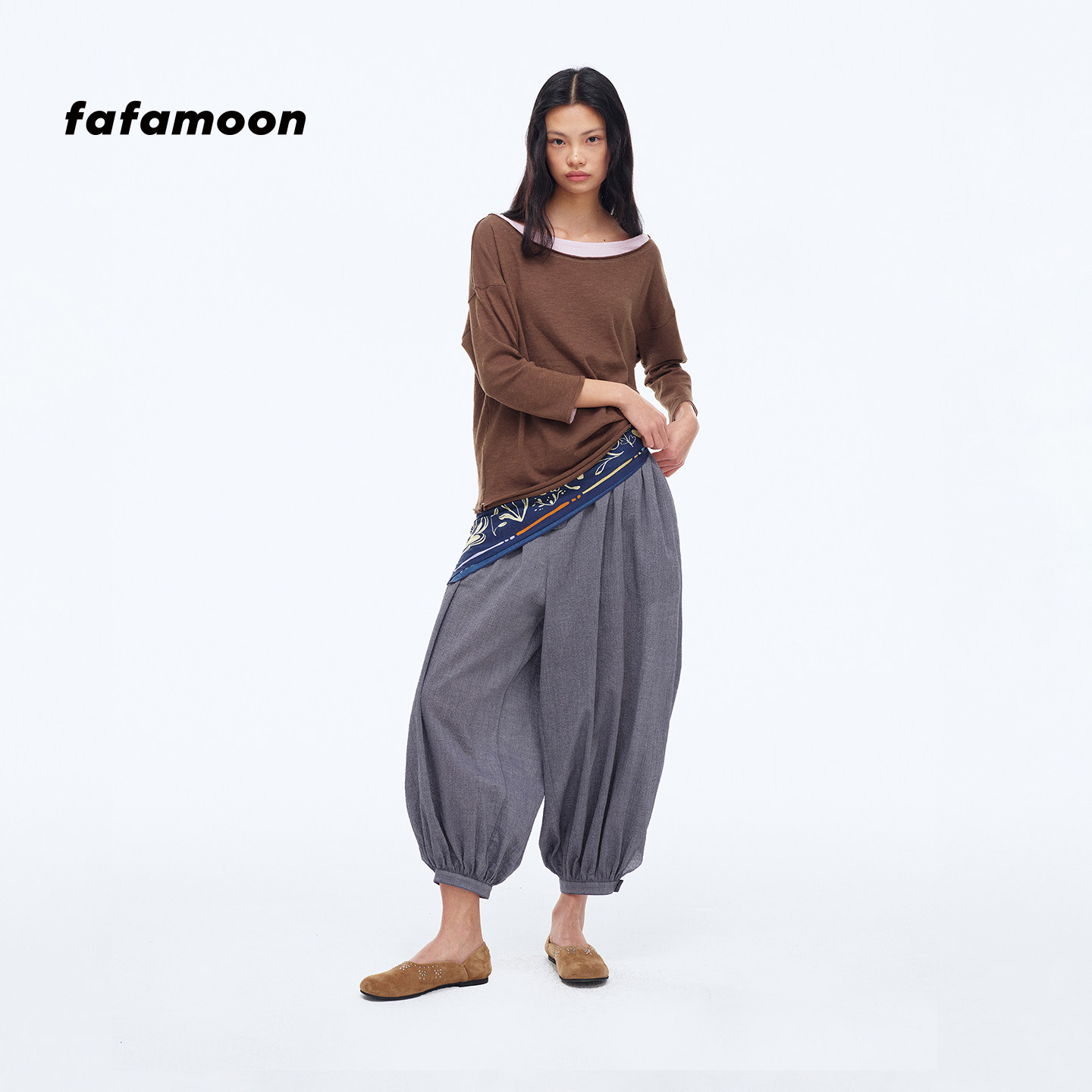 【2026早秋新品】fafamoon设计师品牌一字领撞色可斜肩七分袖T恤