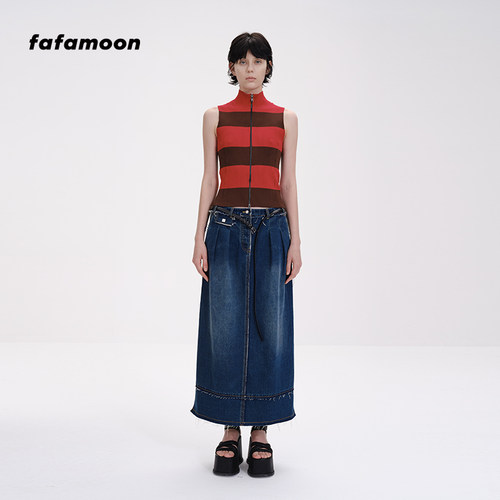 【fafamoon设计师品牌】宽条纹拉链无袖立领弹力亲肤坑条背心女