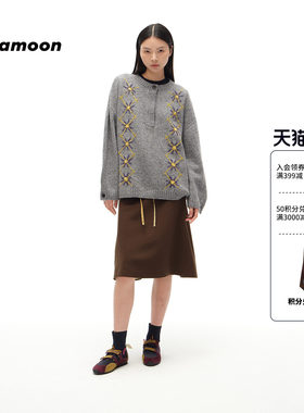 fafamoon设计师品牌秋冬半开襟圆领嵌花保暖毛衣女