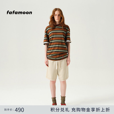 fafamoon设计师品牌夏季女士休闲条纹破坏感LOGO短袖T恤