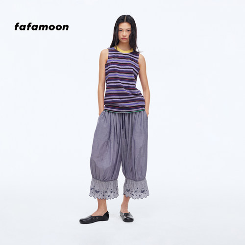 【2026早秋新品】fafamoon设计师品牌 撞色领罗纹条纹棉麻背心