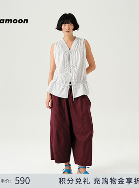 fafamoon设计师品牌 2025夏季新品女士前中木耳边棉质无袖背心