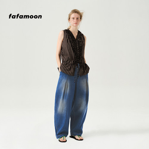 fafamoon设计师品牌夏季女士前中木耳边棉质无袖背心