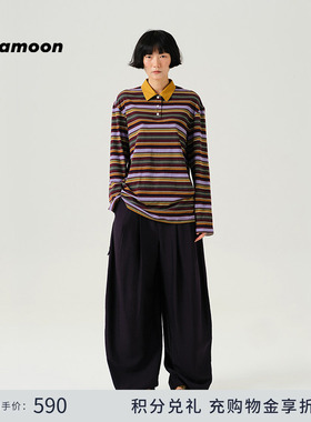 fafamoon设计师品牌 2025夏季新品休闲条纹POLO衫长袖logo刺绣女