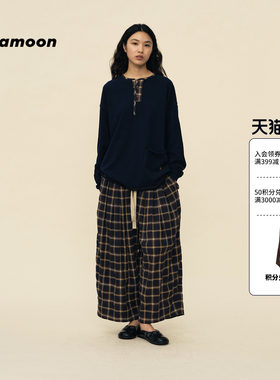 【2026春季新品】fafamoon设计师品牌 女士拼接门襟长袖T恤藏青色